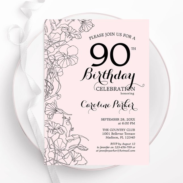 Invitation Fleur rose pâle 90e fête d'anniversaire (Créateur téléchargé)