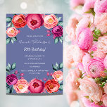 Invitation Fleur rose pâle bleu d'anniversaire élégant<br><div class="desc">Une carte d'invitation élégante pour une fête d'anniversaire de 50e (ou tout âge). Avec des fleurs couleur rose vif,  violet et or rose,  couleur aquarelle,  fleuris comme décoration. Un arrière - plan bleu branché. Le nom est écrit avec un script de style écrit à la main.</div>