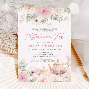 Invitation Fleur rose pâle de l'après-midi Thé fête d'anniver