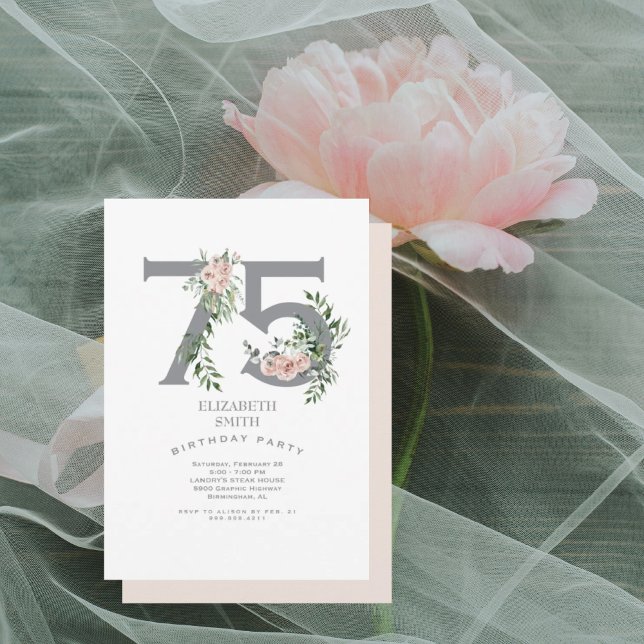 Invitation Fleur rose pâle Élégante 75e fête d'anniversaire (Créateur téléchargé)