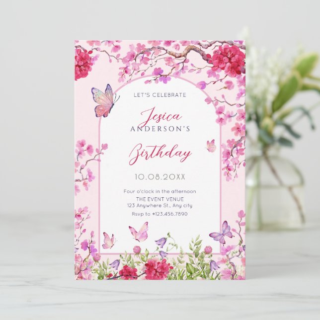 Invitation Fleur rose papillons anniversaire (Debout devant)