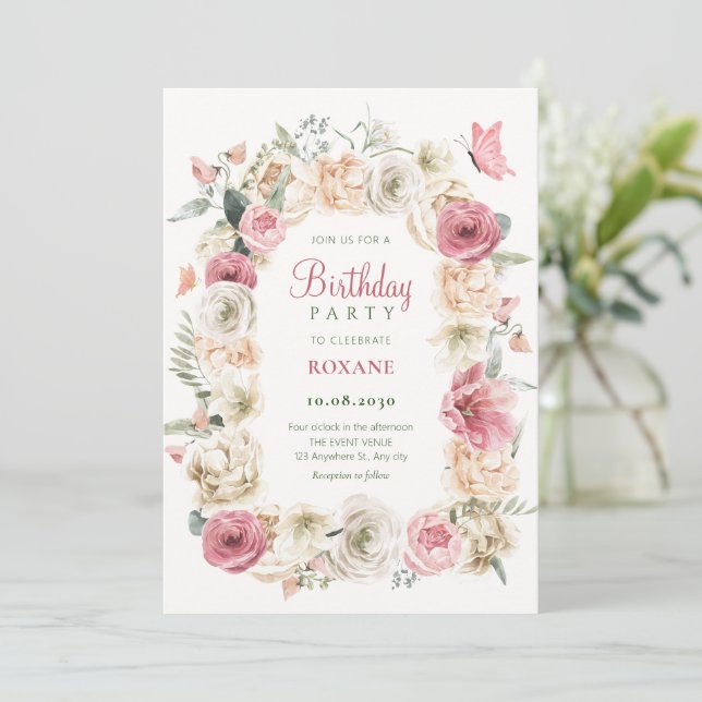 Invitation Fleur rose pastel aquarelle anniversaire (Debout devant)
