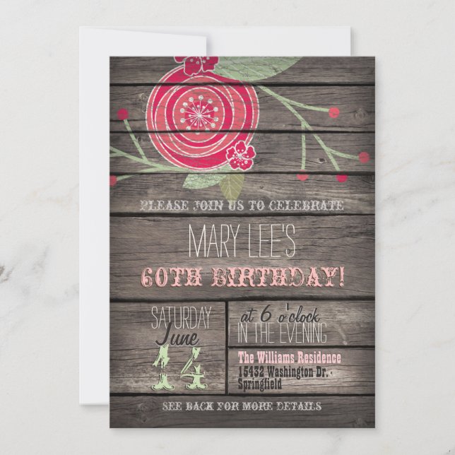 Invitation Fleur rose, Pays rustique 60e anniversaire (Devant)