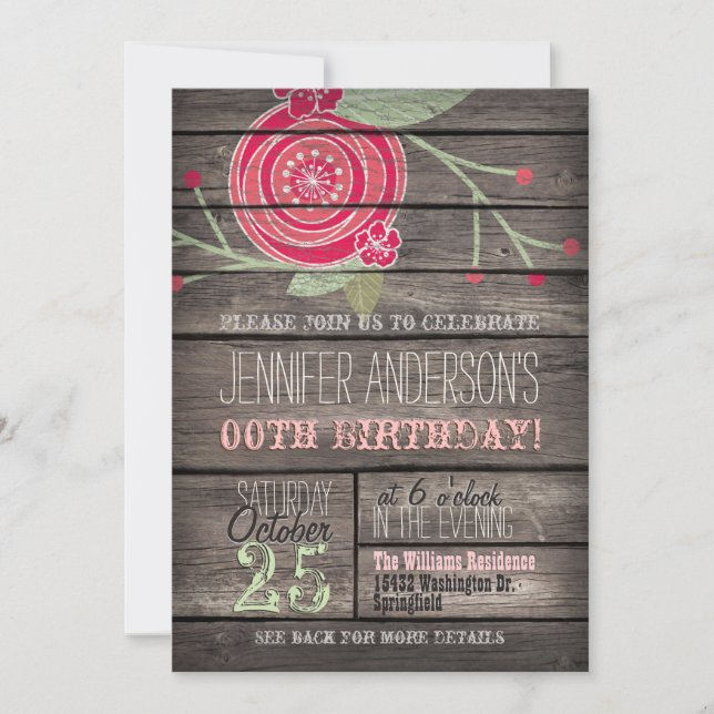 Invitation Fleur rose, Pays rustique Adulte ou Ado Anniversai (Devant)