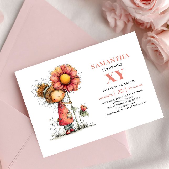 Invitation Fleur Rose pour le 1er Anniversaire de  (Whimsical Fairy Girl 2nd Birthday Pink Blush invitation)