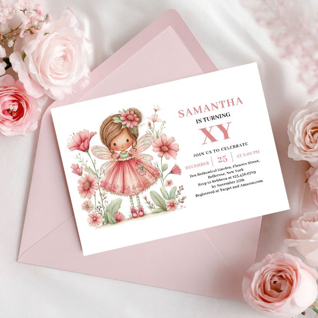 Invitation Fleur Rose pour les 3 ans de la Fille F (Magical Fairy Girl 3rd Birthday Pink Floral Invitation)