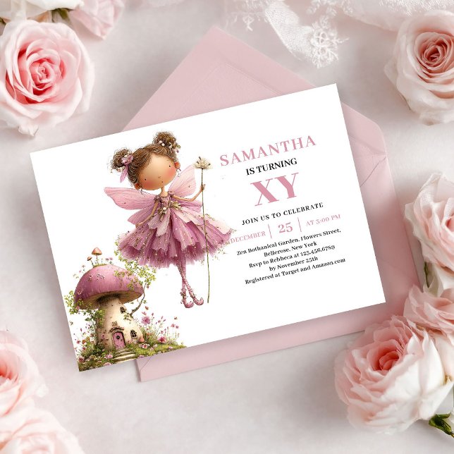Invitation Fleur Rose pour les 3 ans de Magical Fa (Magical Fairy Girl 3rd Birthday Floral Pink invitation)