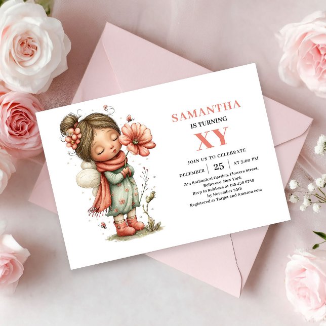 Invitation Fleur Rose pour les 3 ans de Magical Fa (Magical Fairy Girl 3rd Birthday Floral Pink invitation)
