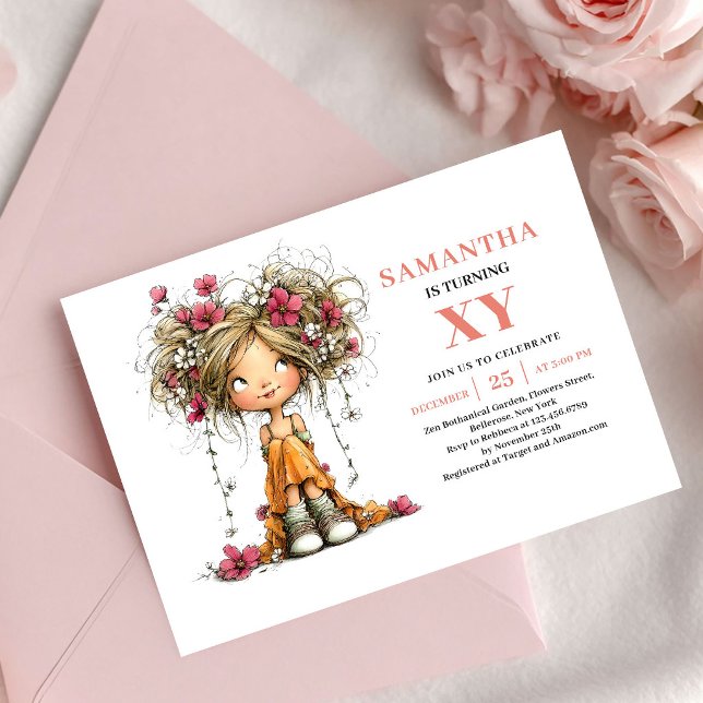 Invitation Fleur Rose pour les 4 ans de la Fée Fan (Fantasy Fairy Girl 4th Birthday Pink Floral invitation)