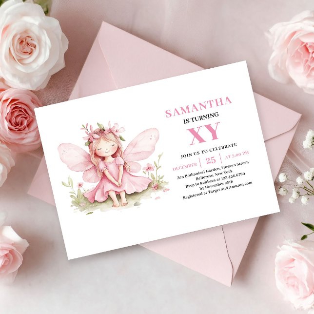 Invitation Fleur Rose pour les 7 ans de la Fille F (Magical Fairy Girl 7th Birthday Pink Floral invitation)