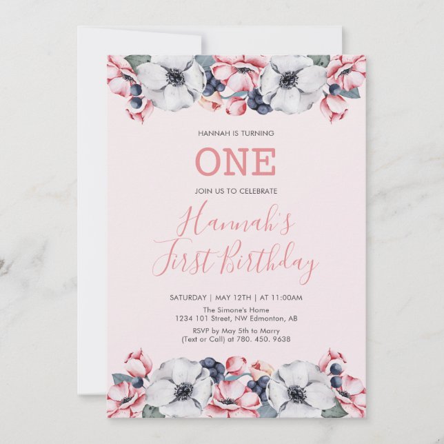 Invitation Fleur & Rose | Première Fête d'Anniversaire de Fil (Devant)