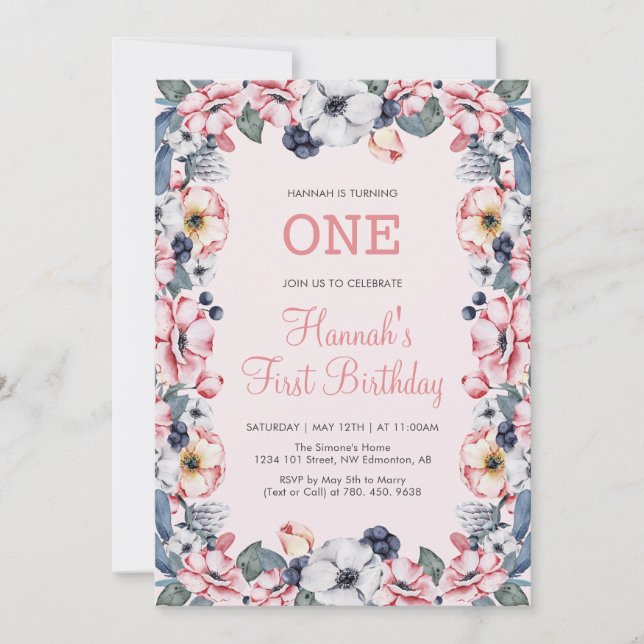 Invitation Fleur & Rose | Première fête d'anniversaire pour f (Devant)