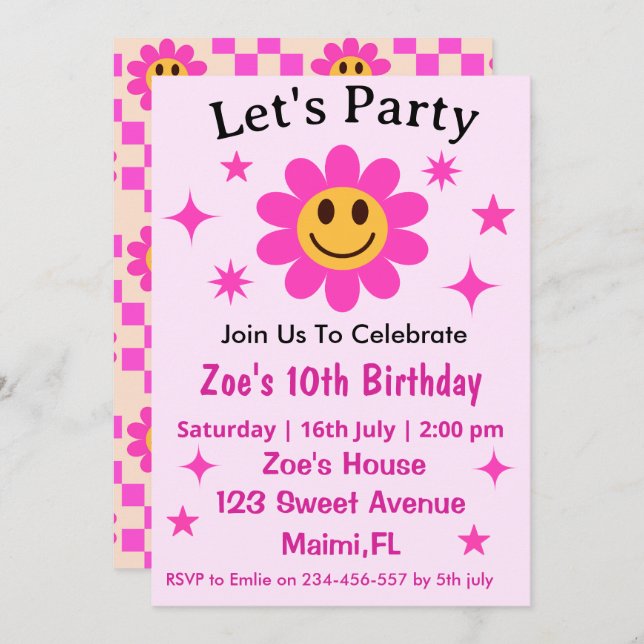 Invitation Fleur rose Retro À damiers Fille Anniversaire (Devant / Derrière)