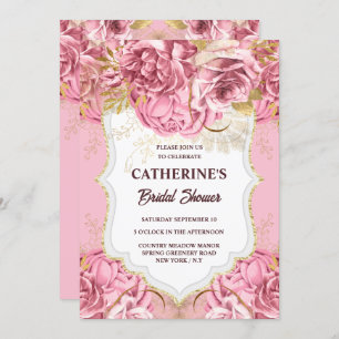 Invitation Fleur rose rose fleurie or rose fête tropicale