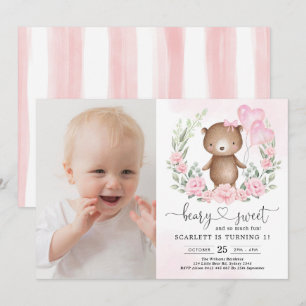Invitation Fleur rose Teddy Bear Girl 1er anniversaire fête
