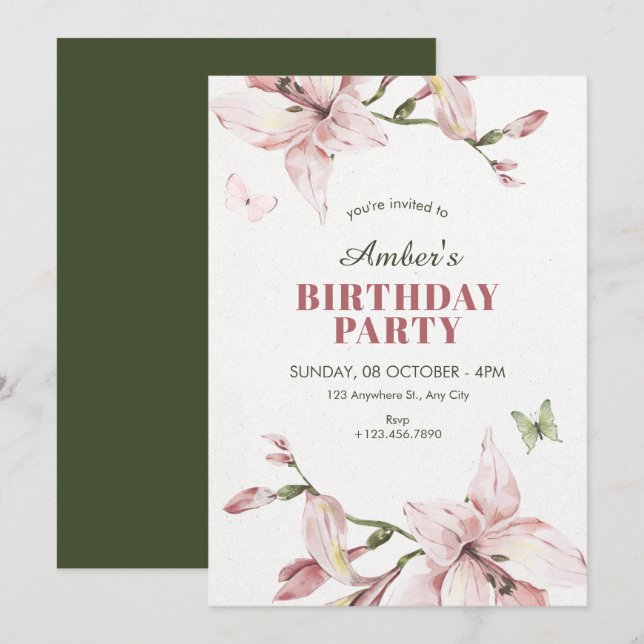 Invitation Fleur rose verte esthétique floraison anniversaire (Devant / Derrière)