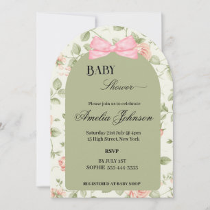 Invitation Fleur rose verte et Baby shower de fille en cou