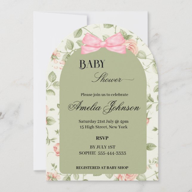 Invitation Fleur rose verte et Baby shower de fille en cou (Devant)