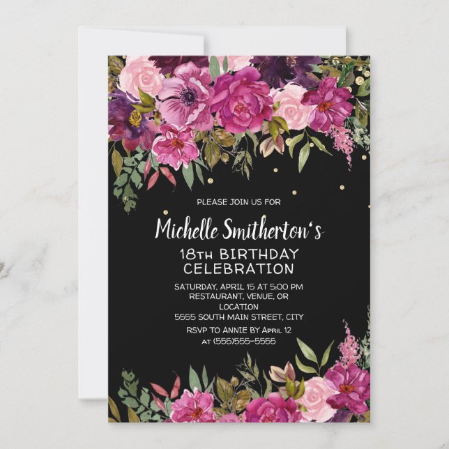 Invitation Fleur rose violet 18e anniversaire noir (Devant)