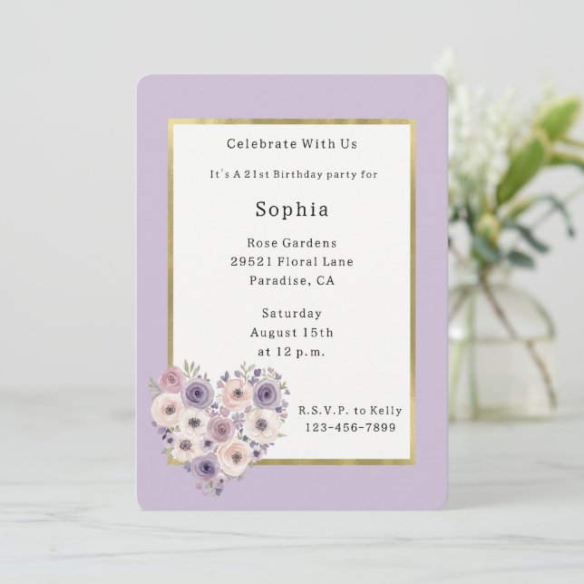 Invitation Fleur rose violet blanc Coeur Anniversaire (Debout devant)