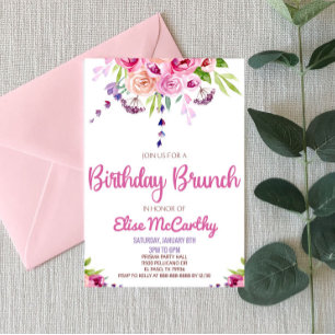 Invitation Fleur rose violet Floral Anniversaire Brunch Party