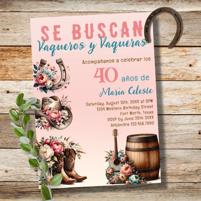 Invitation Fleur rose western espagnol cow-boy 40e anniversai (Créateur téléchargé)