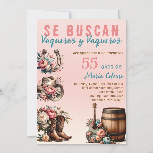 Invitation Fleur rose western espagnol cow-boy 55e anniversai (Devant)