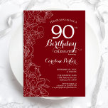 Invitation Fleur rouge 90e fête d'anniversaire<br><div class="desc">Red White Floral 90th Birthday Party Invitation. Design moderne minimaliste avec accents de dessin botanique et police de script de typographie. Carte invitation simple et tendance,  parfaite pour une célébration anniversaire élégante. Peut être customisé à n'importe quel âge. Invitations Zazzle imprimées ou téléchargement instantané modèle imprimable numérique.</div>
