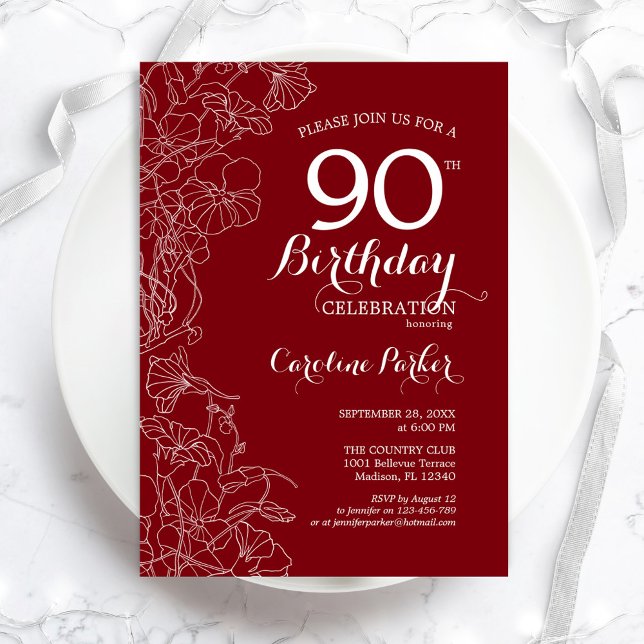 Invitation Fleur rouge 90e fête d'anniversaire (Créateur téléchargé)