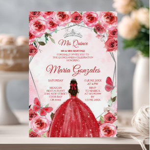 Invitation Fleur Rouge Argent Mexicaine Fille Douce 15e anniv