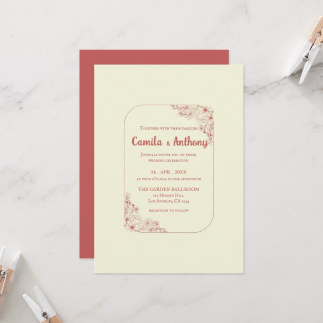 Invitation Fleur rouge beige frontière Boho Mariage rustique (Devant/Arrière en situation)