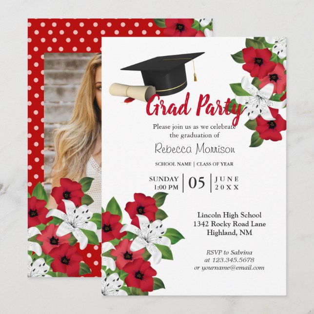 Invitation Fleur rouge et blanche 🎓 Graduation (Devant / Derrière)