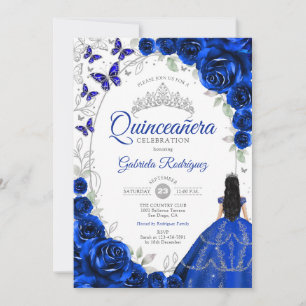 Invitation Fleur Royal Bleu Argent Princesse Quinceanera