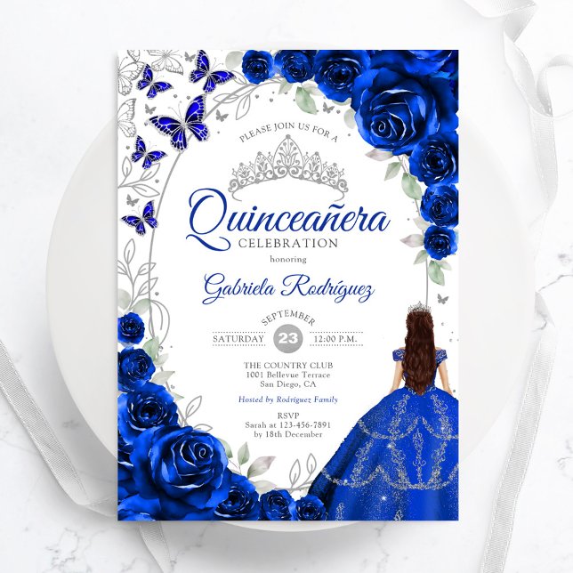 Invitation Fleur Royal Bleu Argent Quinceanera (Créateur téléchargé)