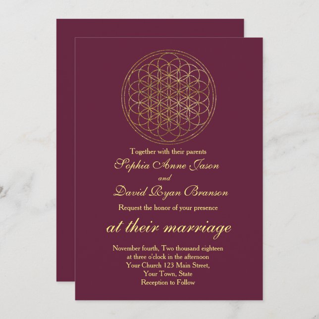 Invitation Fleur royale d'or de la vie Mariage de géométrie s (Devant / Derrière)