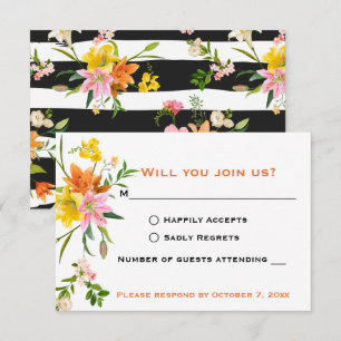 Invitation Fleur RSVP Fleurs de lys Orange Blanc Rayure Noire