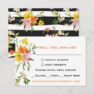 Invitation Fleur RSVP Fleurs de lys Orange Blanc Rayure Noire