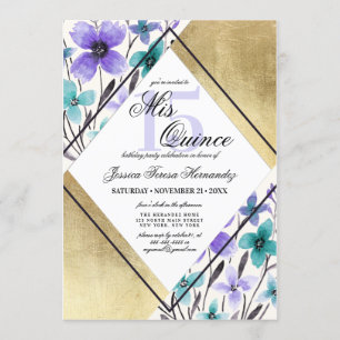 Invitation Fleur sarcelle et pourpre dorée Aquarelle Mis Quin