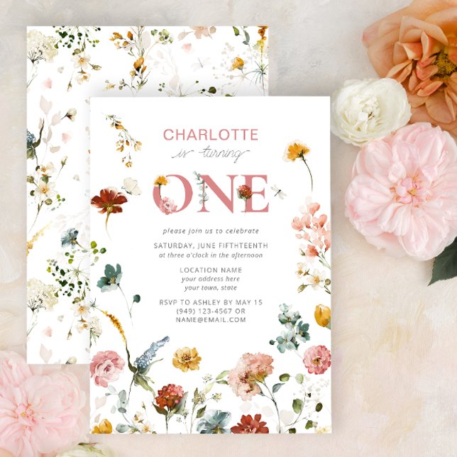 Invitation Fleur sauvage 1er anniversaire Floral Girl (1st Birthday Invitation)