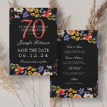 Invitation Fleur sauvage 70th Birthday Save Date Détails Noir<br><div class="desc">Elégant design "70th Birthday Party" avec fleurs sauvages aquarelle & détails texte. Facile à utiliser et facile à personnaliser. Commandez aujourd'hui !</div>