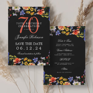 Invitation Fleur sauvage 70th Birthday Save Date Détails Noir