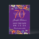 Invitation Fleur sauvage 70th Birthday Save Date Détails Purp<br><div class="desc">Elégant design "70th Birthday Party" avec fleurs sauvages aquarelle & détails texte. Facile à utiliser et facile à personnaliser. Commandez aujourd'hui !</div>