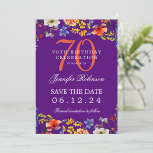 Invitation Fleur sauvage 70th Birthday Save Date Détails Purp