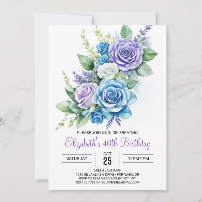 Invitation Fleur sauvage Aqua Blue 40e anniversaire (Devant)