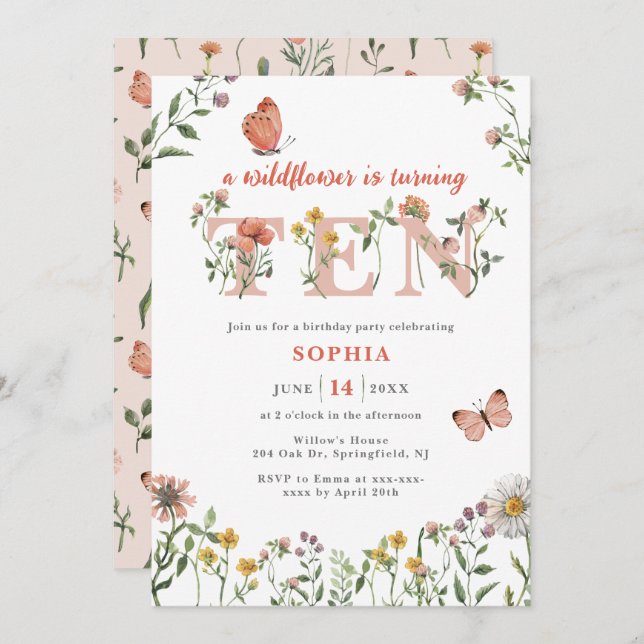 Invitation Fleur sauvage aquarelle 10e anniversaire (Devant / Derrière)