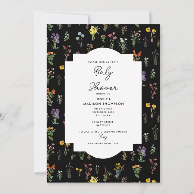 Invitation Fleur sauvage Aquarelle Baby shower botanique noir (Devant)