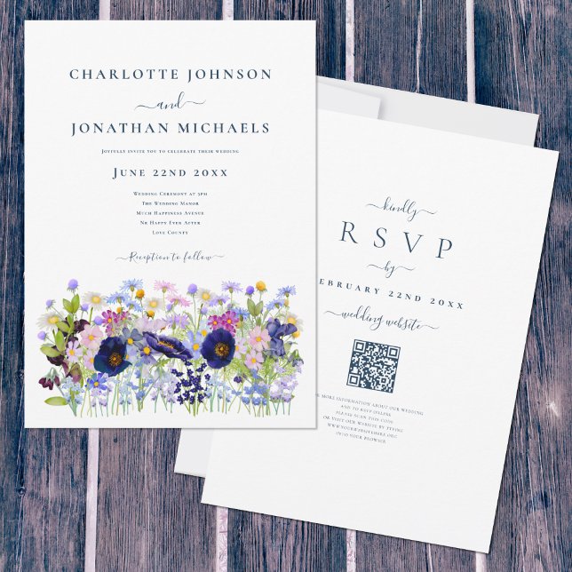 Invitation Fleur sauvage aquarelle bleu QR Code Mariage (Blue wildflowers meadow watercolor wedding invitation with elegant typography script QR code rsvp)