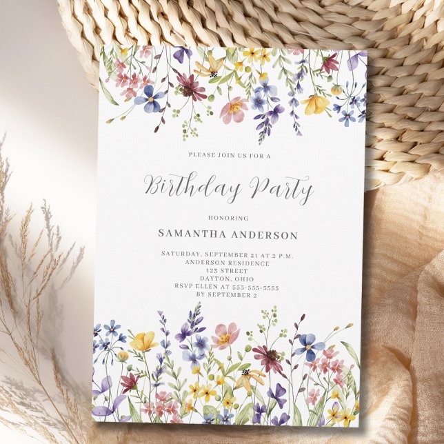 Invitation Fleur sauvage Aquarelle Florale Anniversaire (Créateur téléchargé)