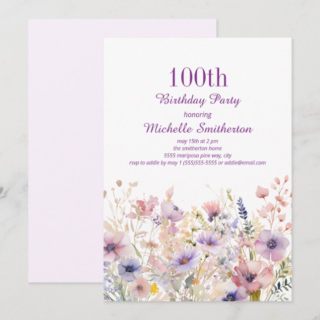 Invitation Fleur sauvage aquarelle rose violet 100e anniversa (Devant / Derrière)