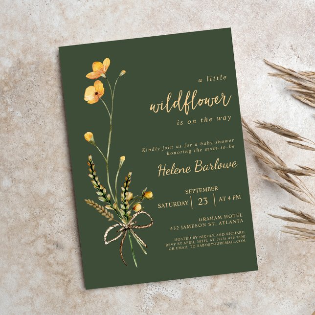 Invitation Fleur sauvage Aquarelle Vert Elégant Baby shower (Wildflower Watercolor Green Elegant Baby Shower Invitation)